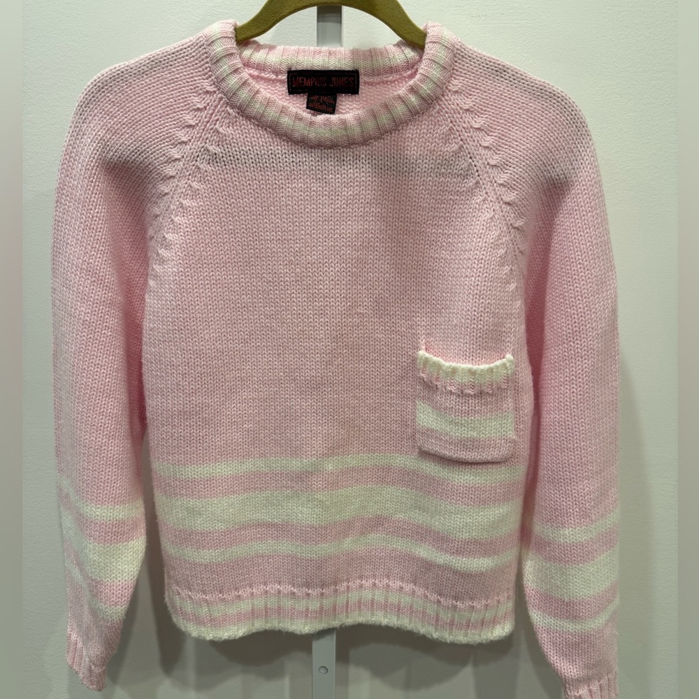 Memphis Jones Pink White Vintage Knit Sweater Women Size L Cottagecore Chic Long